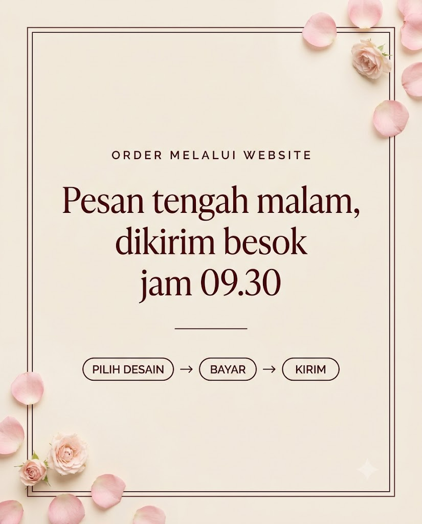 Order 24 jam melalui website — pesan tengah malam, dikirim besok jam 09.30. Hanya 3 langkah: pilih desain, bayar, kirim — Dear Darlene