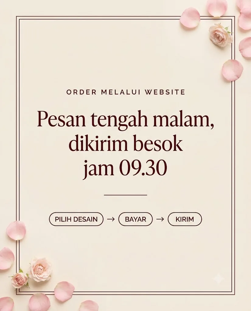 Order 24 jam melalui website — pesan tengah malam, dikirim besok jam 09.30. Hanya 3 langkah: pilih desain, bayar, kirim — Dear Darlene